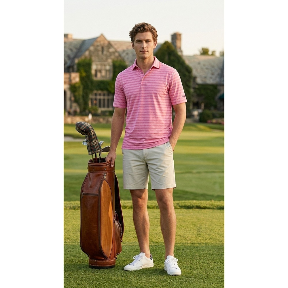 Walter Hagen 11 Majors Mens Large Pink Striped Performance Golf Polo Shirt L